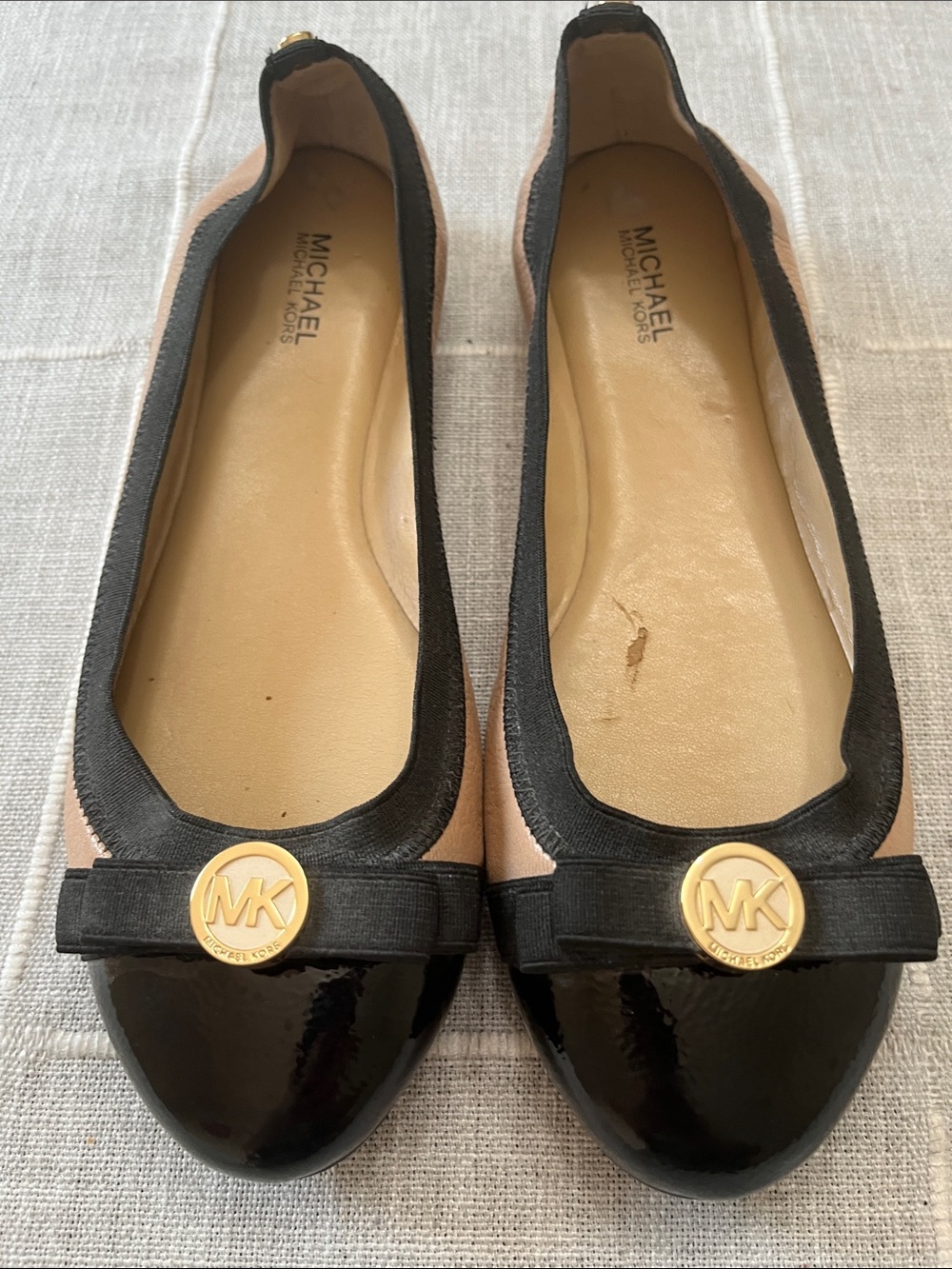 Michael Kors Black Patent Cap-Toe and Nude Ballet Flats with Gold MK Medallion